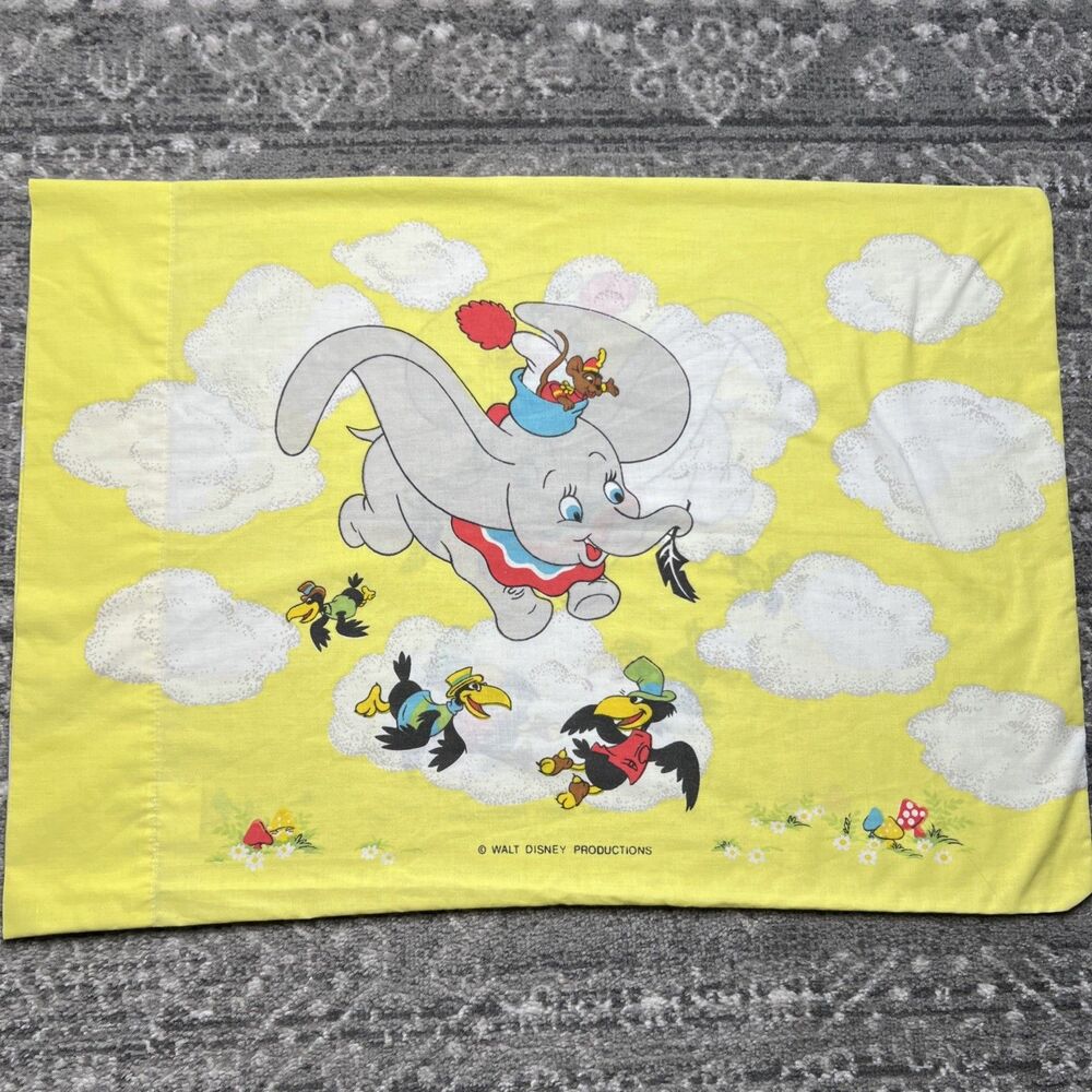 Rare Vtg 80's Walt Disney Dumbo Circus Yellow Pillow Case Crows Mushrooms 30x20"